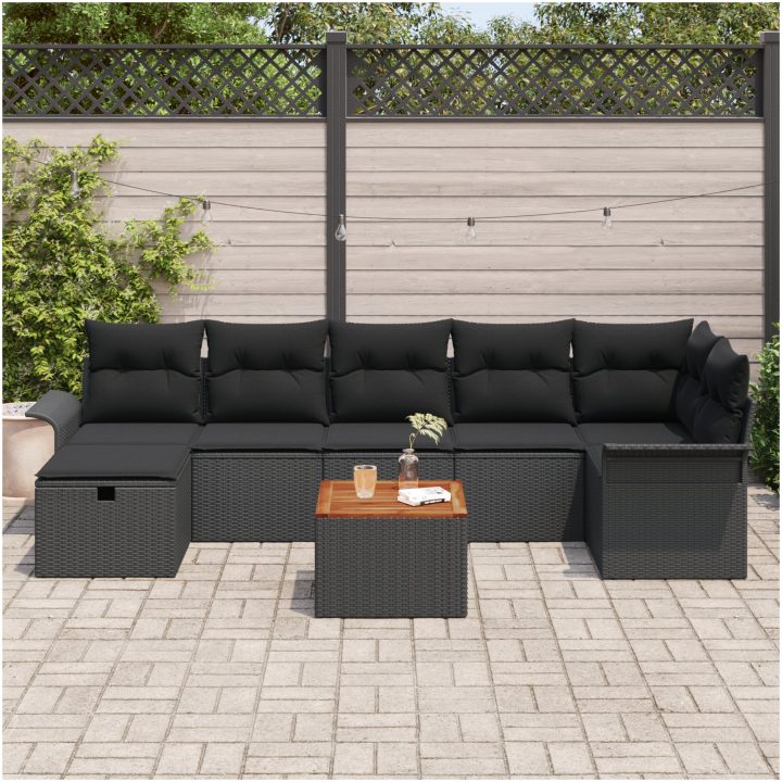 8-delat trädgårdsoff set med dynor svart poly rattan vidaXL Stor – bild 3
