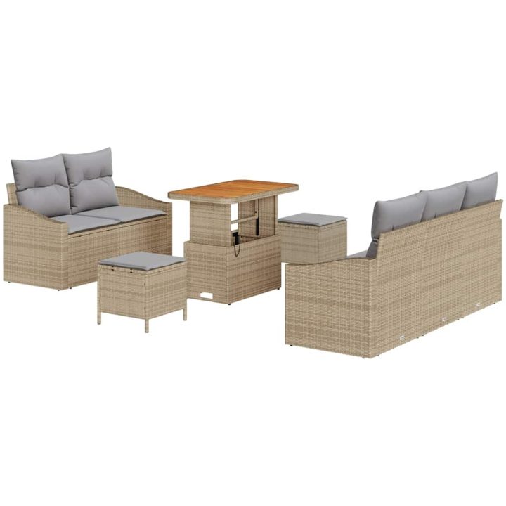 8-delat Trädgårdsoff Set med Kuddar Beige Poly Rattan Akacia vidaXL Större – bild 2