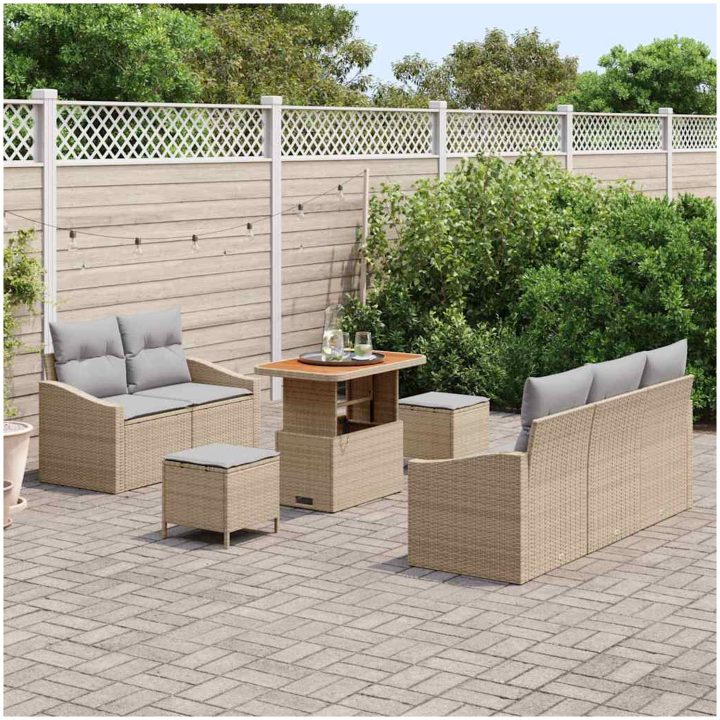 8-delat Trädgårdsoff Set med Kuddar Beige Poly Rattan Akacia vidaXL Större – bild 3