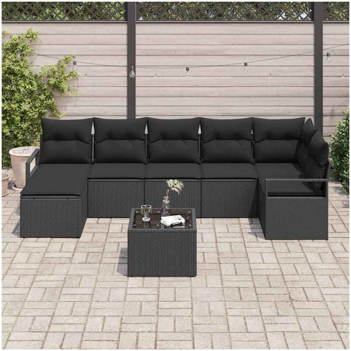 8-delat Trädgårdsoff Set med Kuddar Beige Poly Rattan vidaXL Stort – bild 3