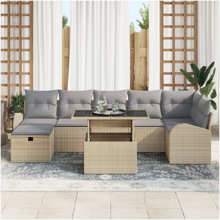 8-delat Trädgårdsoff Set med Kuddar Beige Poly Rottning vidaXL Stor – bild 3