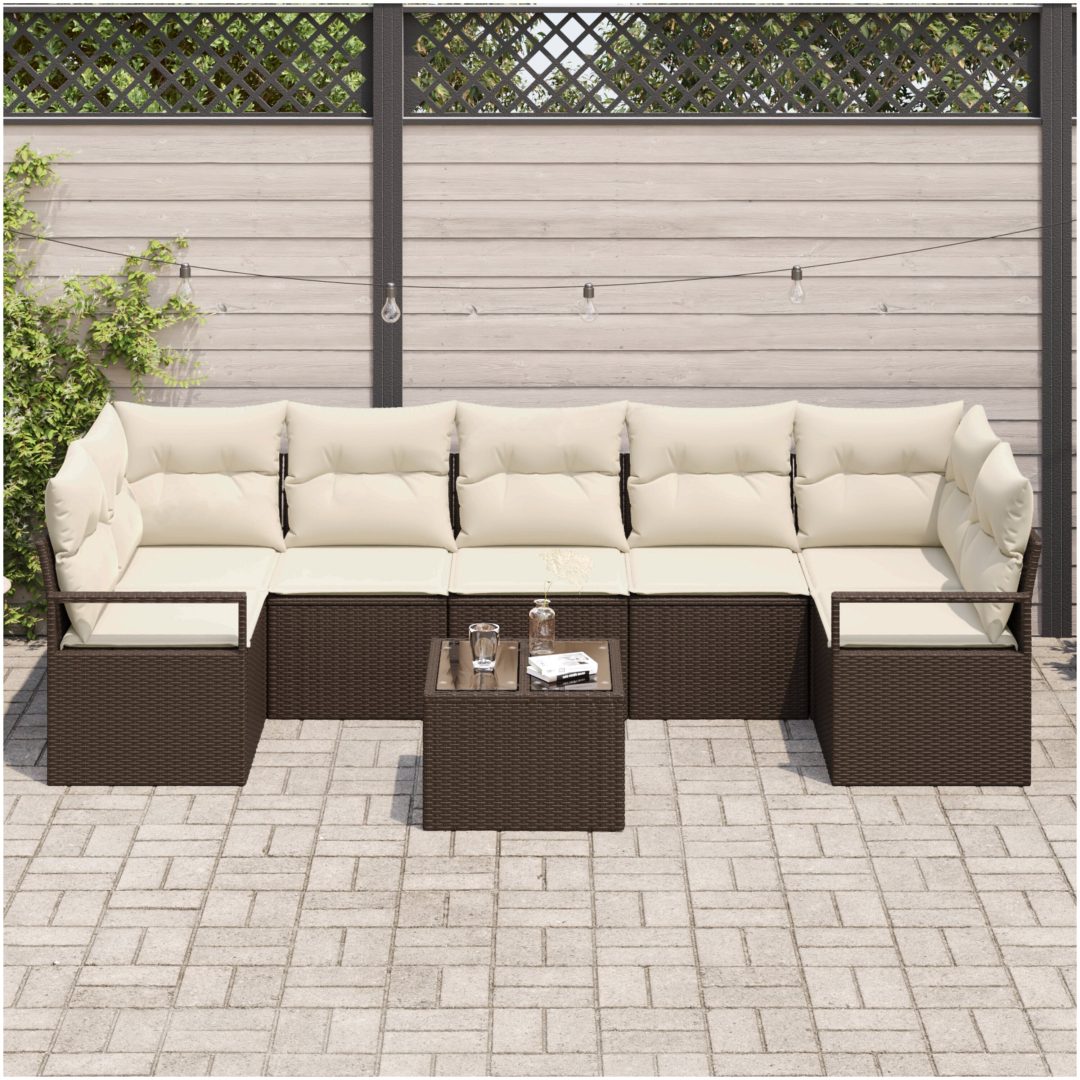 8-delat trädgårdsoff-set med kuddar Brun Poly Rattan vidaXL Stor – bild 3