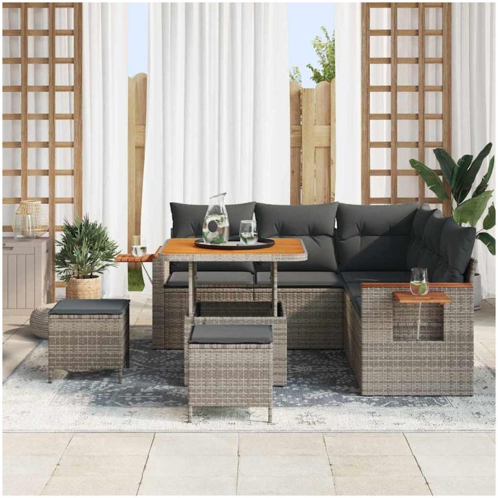 8-delat trädgårdsoff set med kuddar grå poly rattan akacia vidaXL Stor – bild 3