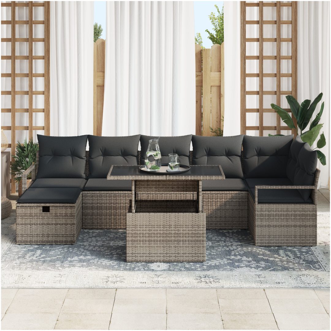 8-delat trädgårdsoff set med kuddar Grå Poly Rattan vidaXL Större – bild 3