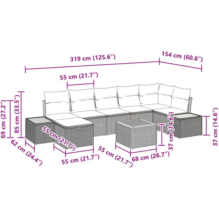 8-delat trädgårdsoff-set med kuddar i grå poly rattan vidaXL 55 x 55 x 37 cm – bild 11