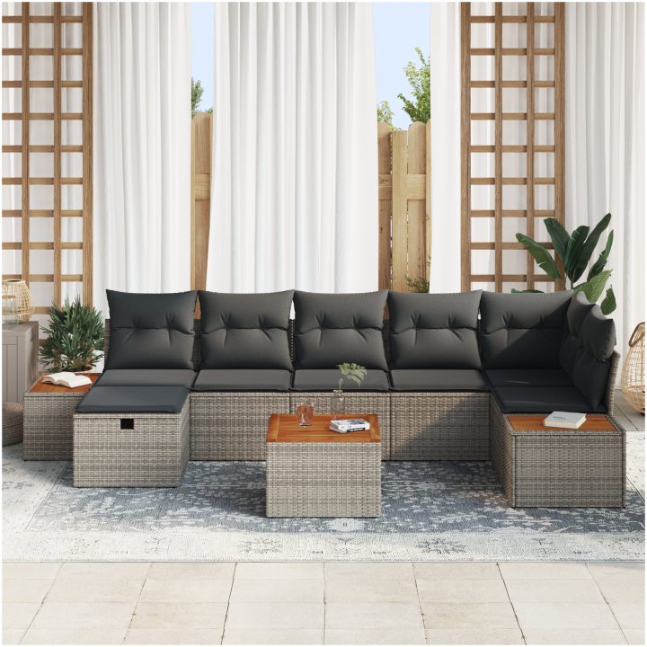 8-delat trädgårdsoff-set med kuddar i grå poly rattan vidaXL 55 x 55 x 37 cm – bild 3