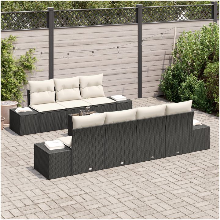 8-delat Trädgårdsoff set med kuddar Svart konstrotting vidaXL 55 x 55 x 37 cm – bild 3