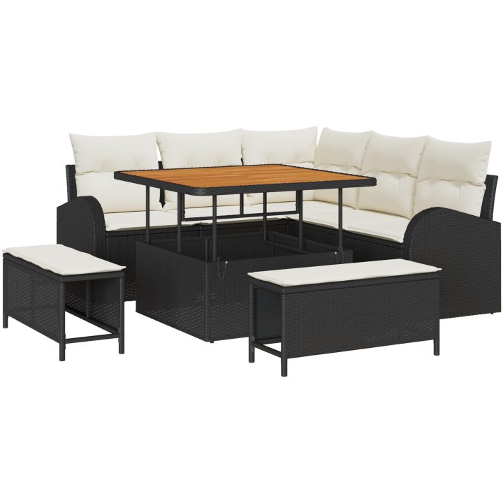 8-delat trädgårdsoff-set med kuddar Svart poly-rattan acacia vidaXL Medium – bild 2