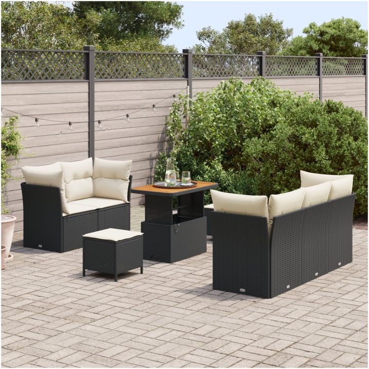8-delat trädgårdsoff set med kuddar svart poly rattan akacia vidaXL Medium – bild 3