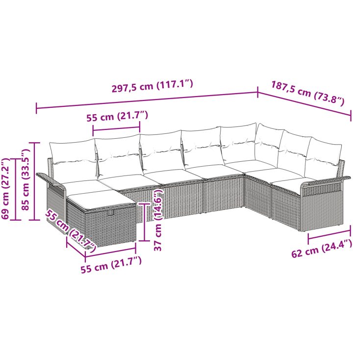 8-delat Trädgårdsoff-set med Kuddar Svart Poly Rattan vidaXL 297.5 x 187.5 x 85 cm – bild 10