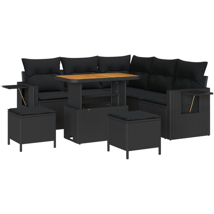 8-delat trädgårdsoffa set med kuddar Svart Poly Rattan Akacia vidaXL Stor – bild 2