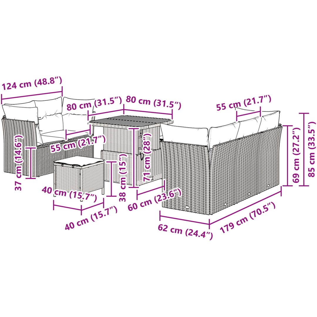 8-delat Trädgårdsoffas med Dynor Grå Poly Rattan Akacia vidaXL Medium – bild 12