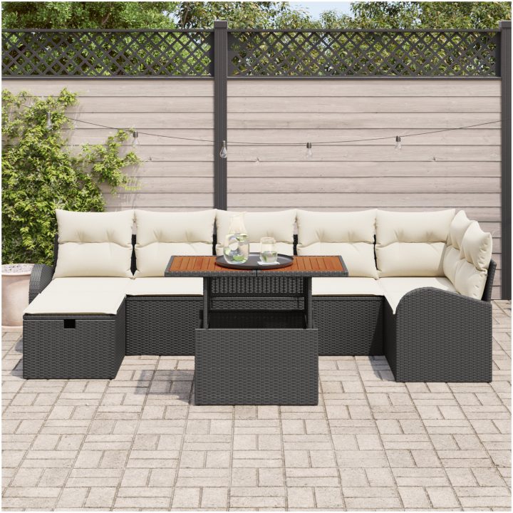 8-delat trädgårdsoffas med kuddar i svart poly rattan vidaXL 55 x 55 x 37 cm – bild 3