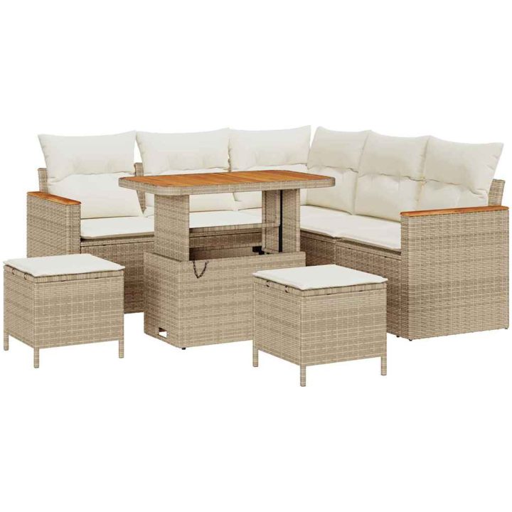 8-delat Trädgårdsoffaset med Dynor Beige Poly Rattan Akacia vidaXL Medium – bild 2
