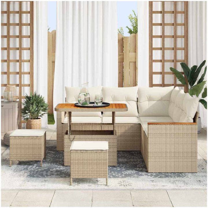 8-delat Trädgårdsoffaset med Dynor Beige Poly Rattan Akacia vidaXL Medium – bild 3
