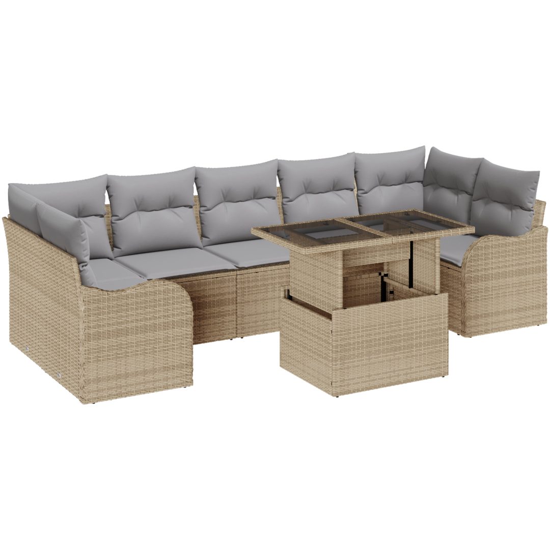 8-delat trädgårdsoffaset med dynor beige poly rattan vidaXL Stor – bild 2