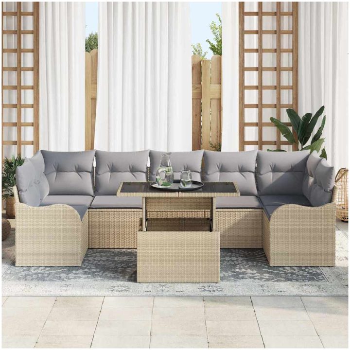 8-delat trädgårdsoffaset med dynor beige poly rattan vidaXL Stor – bild 3