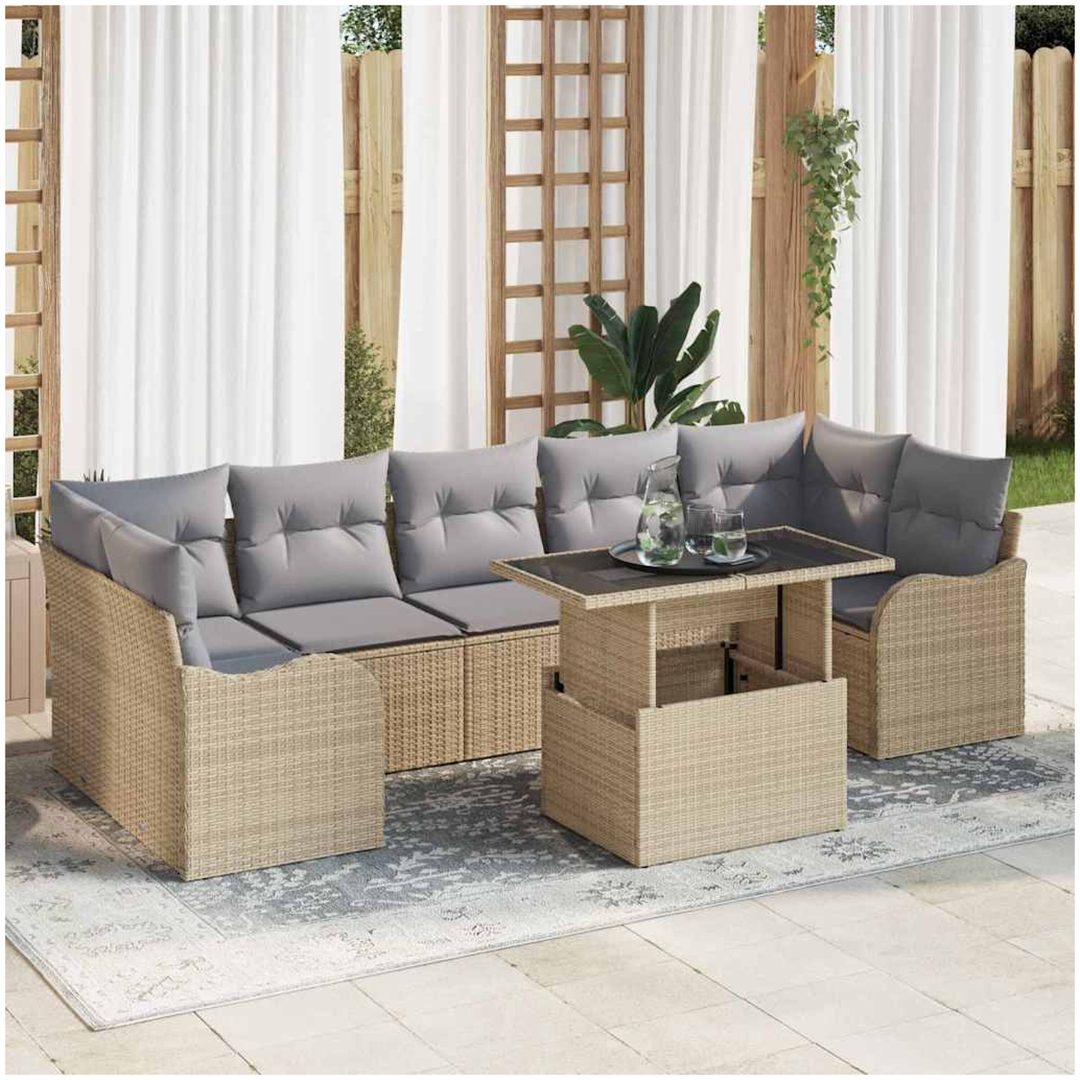 8-delat trädgårdsoffaset med dynor beige poly rattan vidaXL Stor