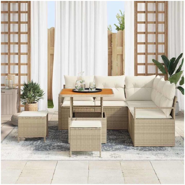 8-delat Trädgårdsoffaset med Kuddar Beige Poly Ratt vidaXL 5 - Delat set – bild 3