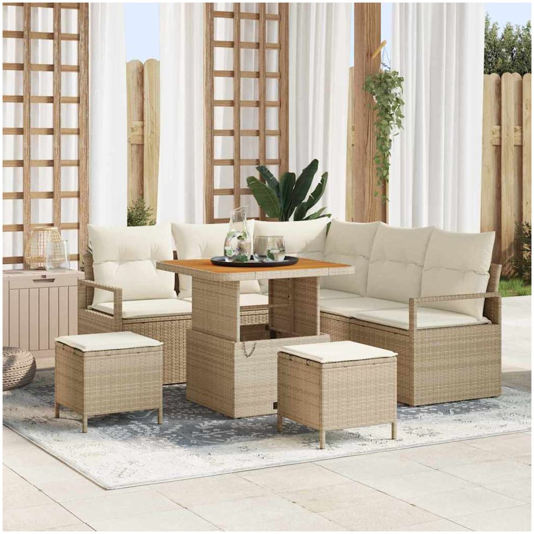 8-delat Trädgårdsoffaset med Kuddar Beige Poly Ratt vidaXL 5 - Delat set