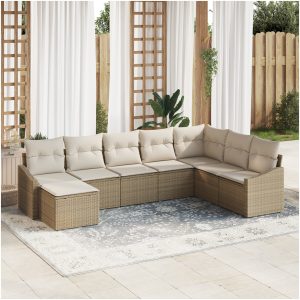 8-delat trädgårdsoffaset med kuddar Beige Poly Rattan vidaXL