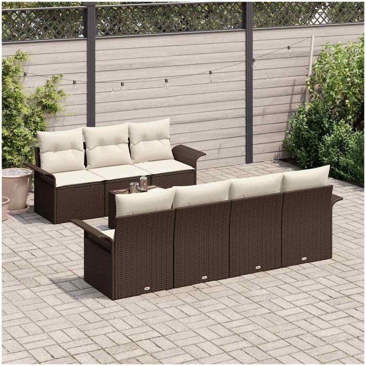 8-delat Trädgårdsoffaset med Kuddar Brun Poly Rattan vidaXL 55 x 55 x 37 cm – bild 3