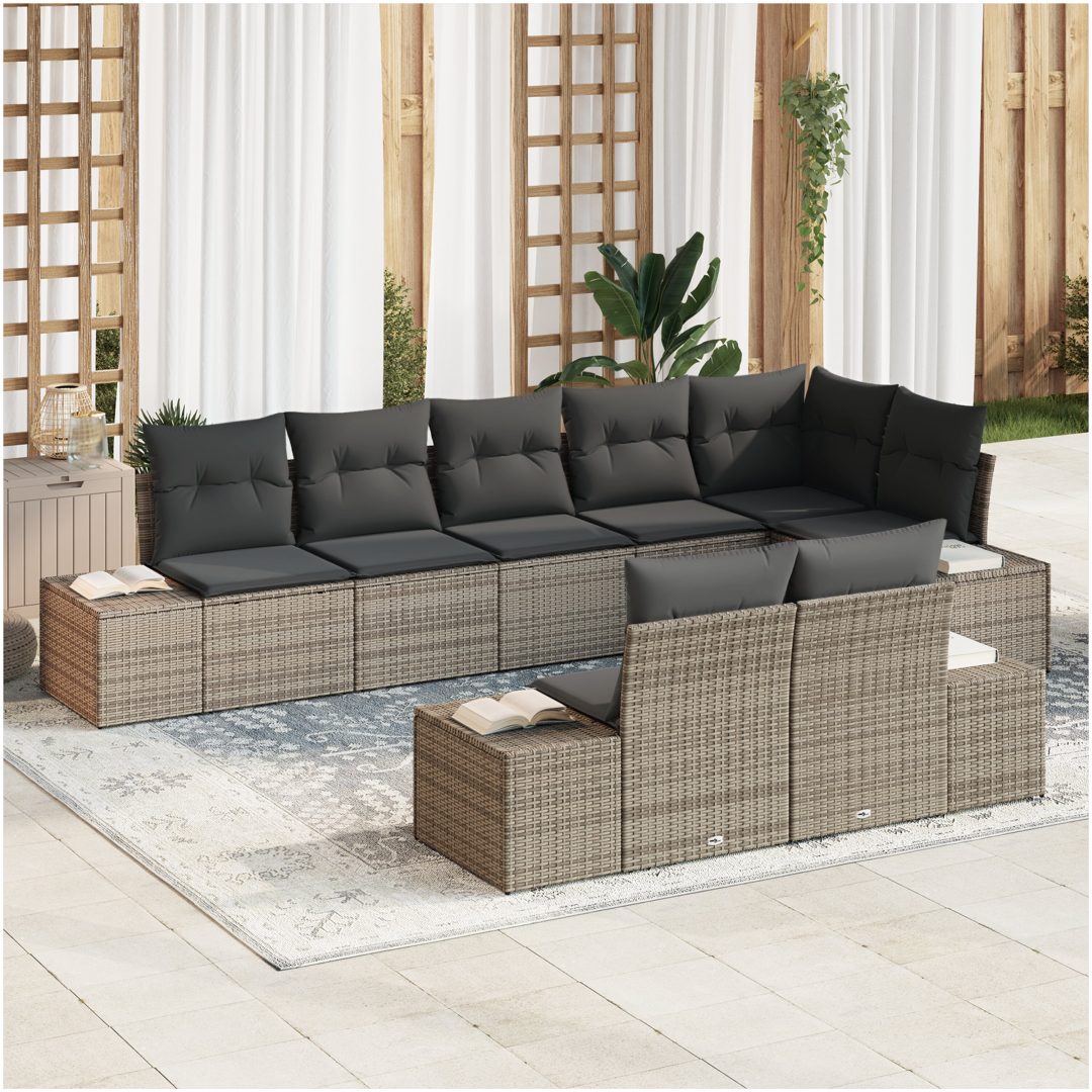 8-delat trädgårdsoffaset med kuddar grå poly rattan vidaXL 184 x 62 x 85 cm