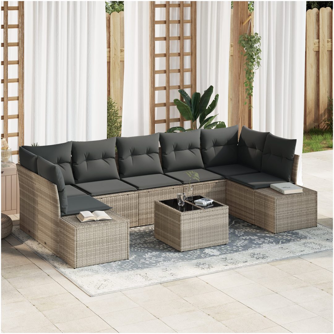 8-delat trädgårdsoffaset med kuddar ljusgrå poly rattan vidaXL 55 x 55 x 37 cm