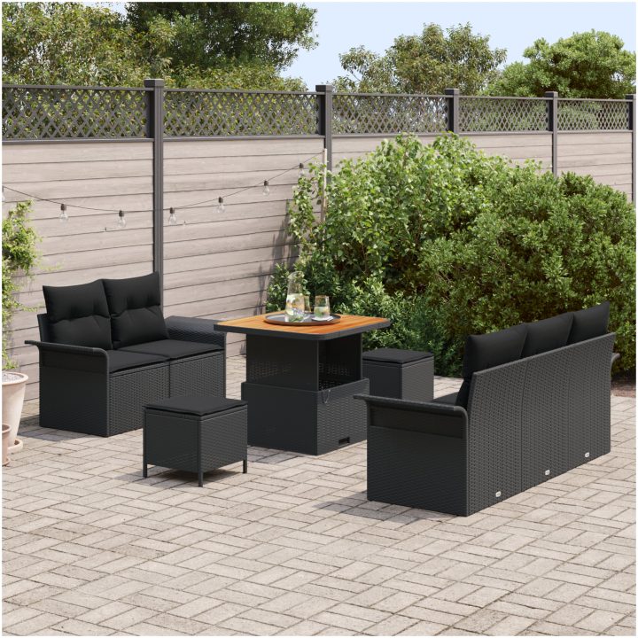 8-delat trädgårdsoffaset med kuddar Svart Poly Rattan Akacia vidaXL Medium – bild 3