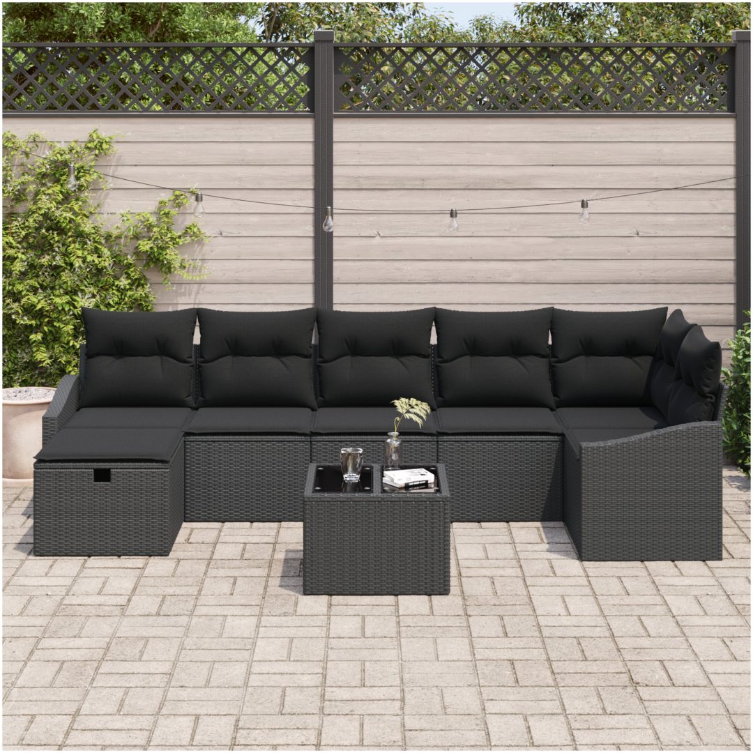8-delat trädgårdsoffaset med kuddar svart poly rotting vidaXL 55 x 62 x 69 cm – bild 3