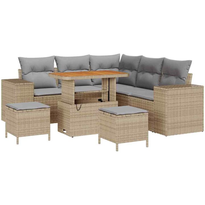 8-delat trädgårdsoffasett med dynor beige poly rattan akacia vidaXL Medium – bild 2