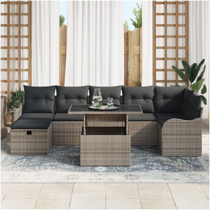8-delat trädgårdsoffasett med kuddar Grå Poly Rattan vidaXL Stor – bild 3