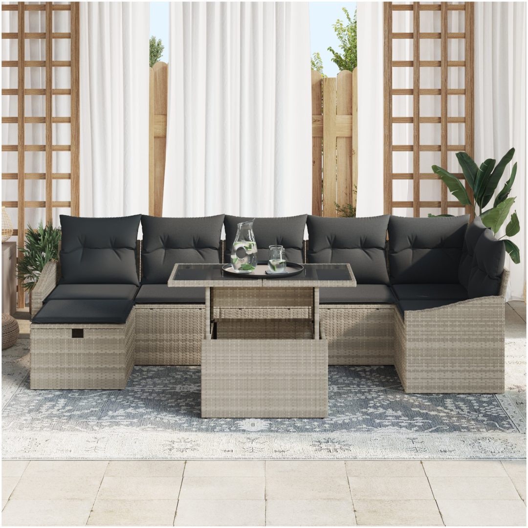 8-delat Trädgårdsoffasett med Kuddar Ljusgrå Poly Rattan vidaXL 100 x 55 x 73 cm – bild 3