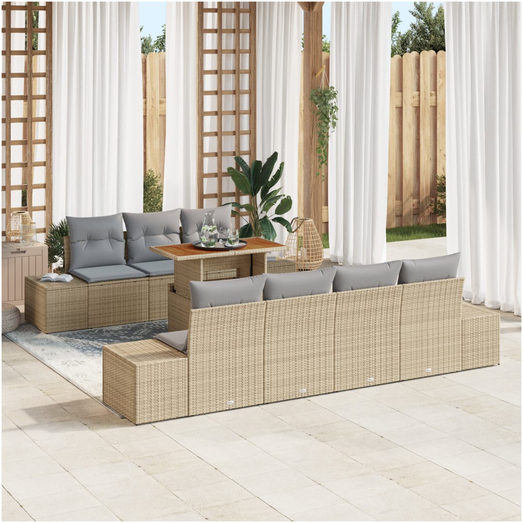 8-delat trädgårdsoffset med beige kuddar i poly-rattan vidaXL 100 x 55 x 73 cm
