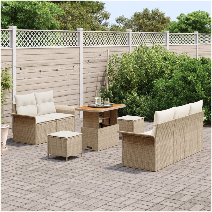 8-delat Trädgårdsoffset med kuddar Beige Poly Rattan Akacia vidaXL Stor – bild 3
