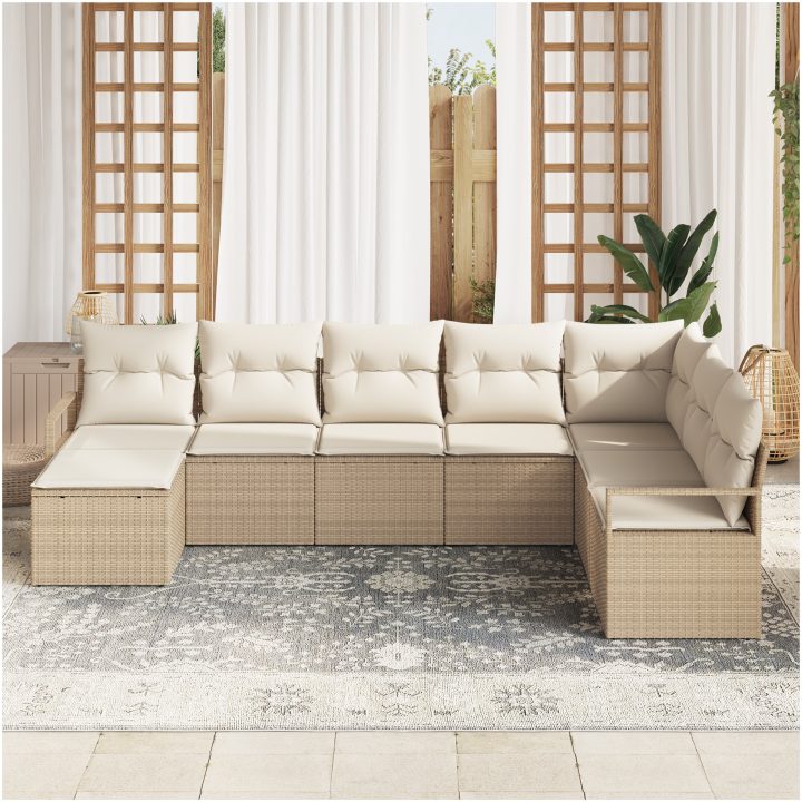 8-delat trädgårdsoffset med kuddar Beige Poly Rattan vidaXL Stor – bild 3