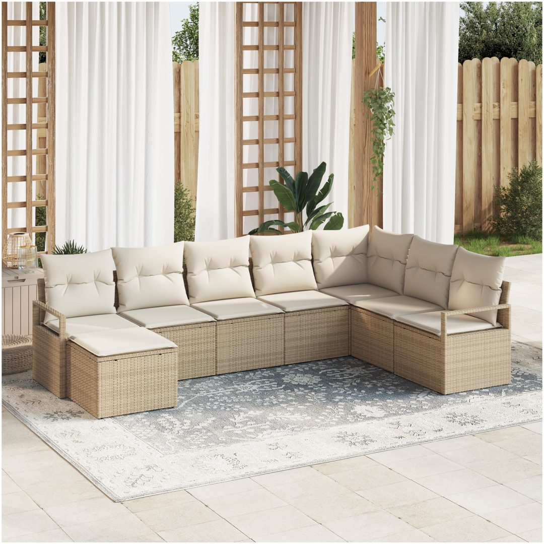 8-delat trädgårdsoffset med kuddar Beige Poly Rattan vidaXL Stor