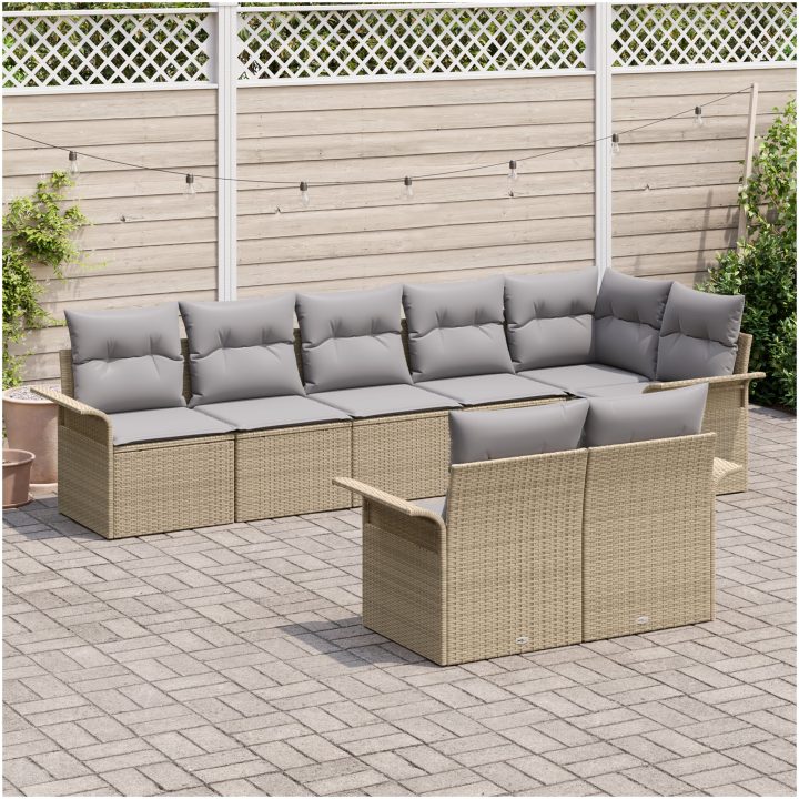 8-delat trädgårdsoffset med kuddar Beige Poly Rotting vidaXL 297,5 x 132,5 x 85 cm – bild 3