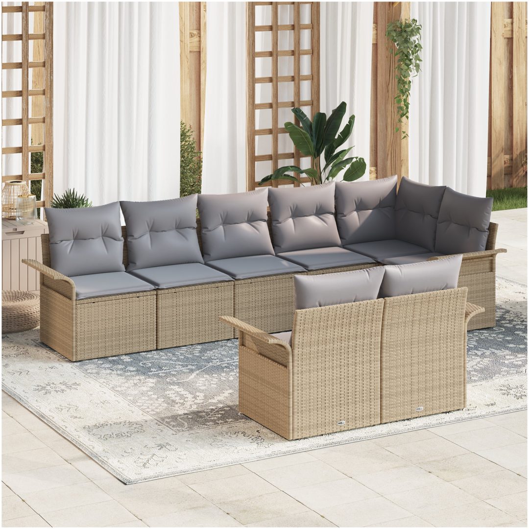 8-delat trädgårdsoffset med kuddar Beige Poly Rotting vidaXL 297,5 x 132,5 x 85 cm