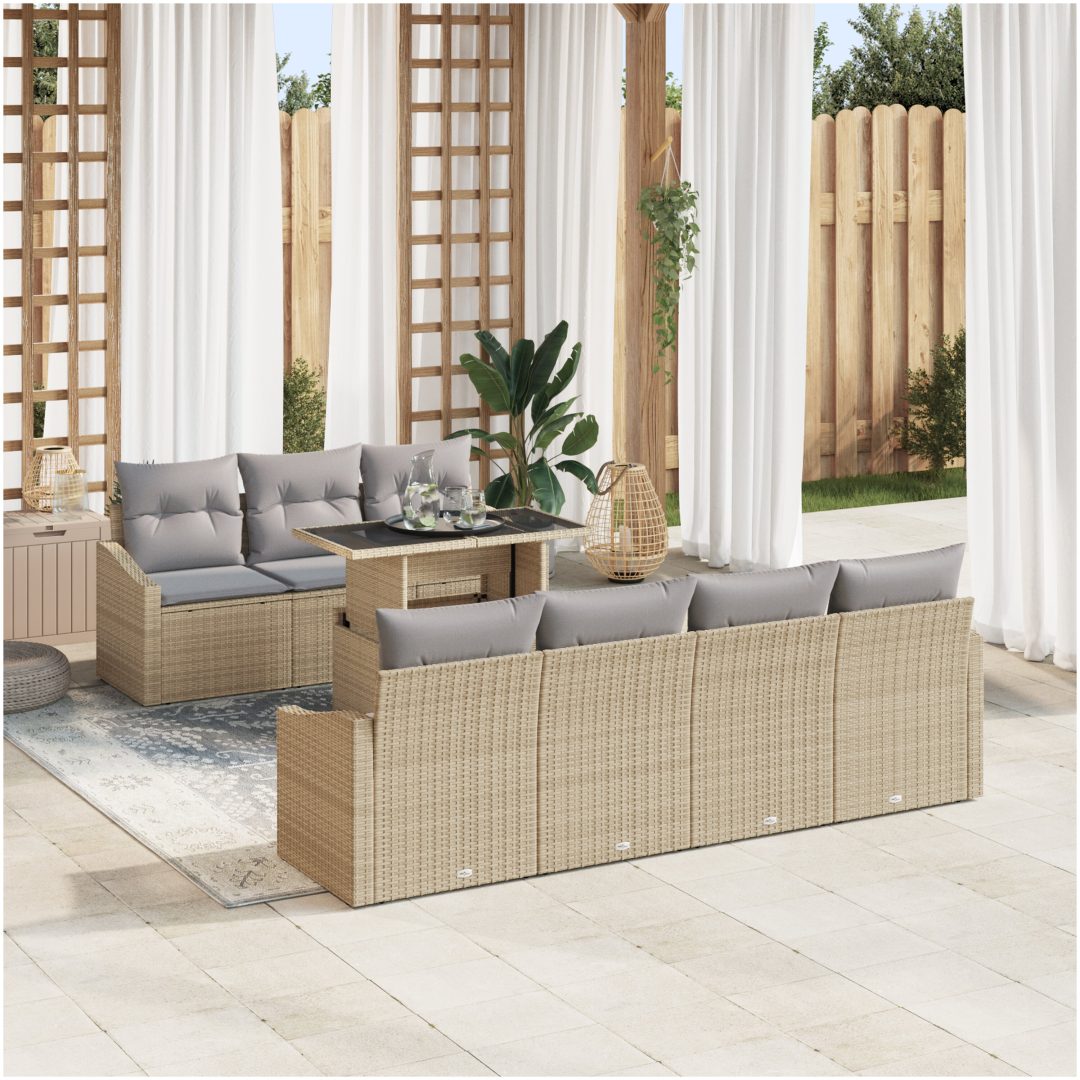 8-delat trädgårdsoffset med kuddar i beige poly-rattan vidaXL 100 x 55 x 73 cm
