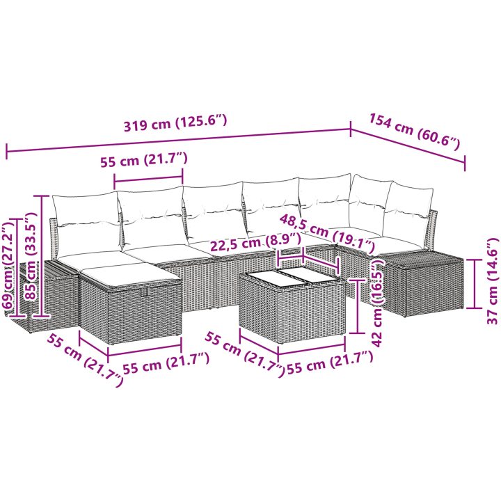 8-delat trädgårdsoffset med kuddar i ljusgrått poly rattan vidaXL 55 x 55 x 37 cm – bild 11