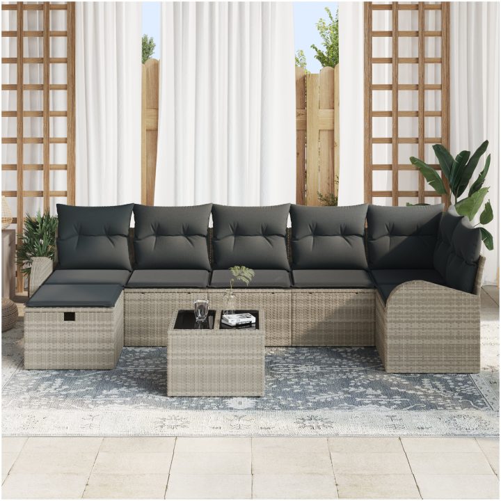 8-delat trädgårdsoffset med kuddar ljusgrå polyroting vidaXL 289 x 124 x 85 cm – bild 3