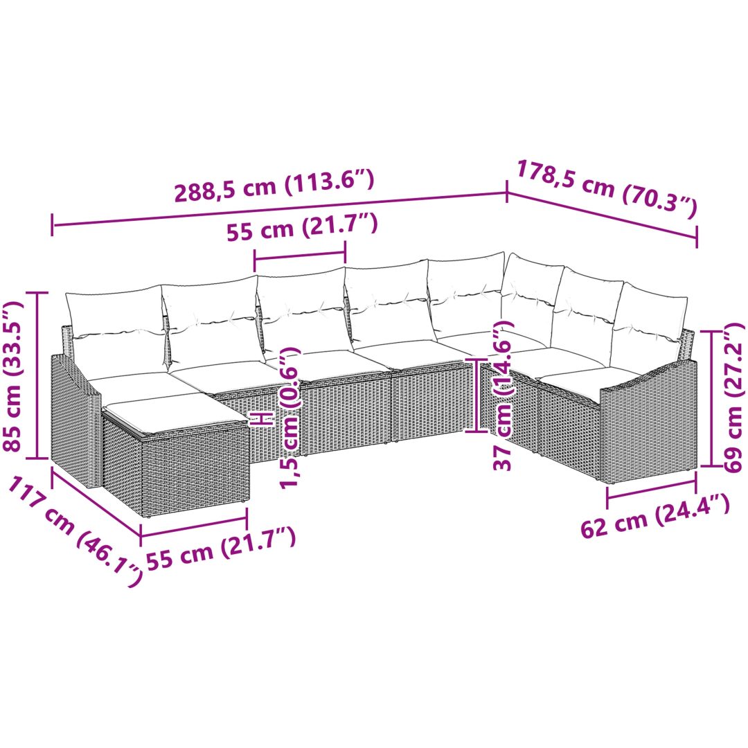 8-delat trädgårdsoffset med kuddar Ljusgrå Polyrotting vidaXL 288,5 x 178,5 x 85 cm – bild 9