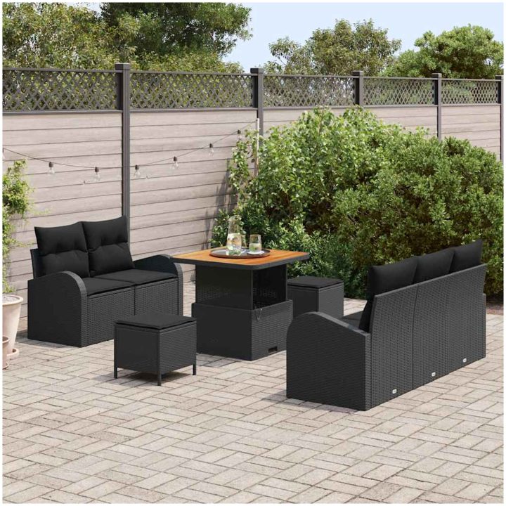 8 delat Trädgårdsoffset med Kuddar Svart Poly Rattan Akaciaträ vidaXL Genomsnittlig – bild 3