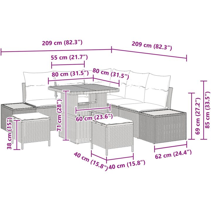 8-delat trädgårdsoffset med kuddar svart poly rotang akacia vidaXL Medium – bild 11