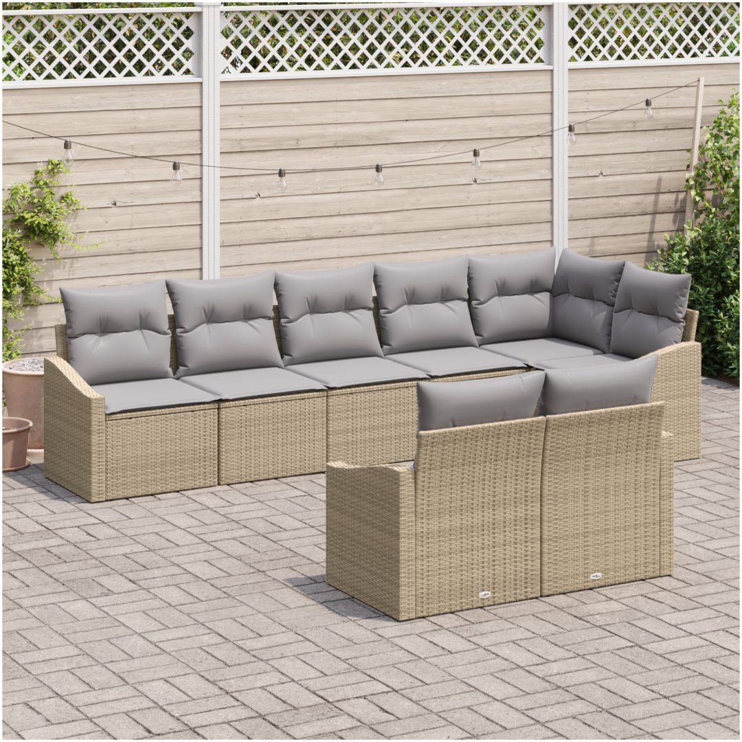 8-delat trädgårdsset med kuddar i beige poly-rattan vidaXL 288.5 x 123.5 x 85 cm