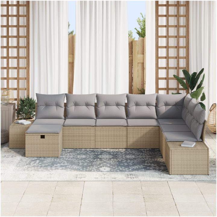 8-delat Trädgårdssoffa Set med Dynor Beige Poly Rattan vidaXL 55 x 62 x 69 cm – bild 3