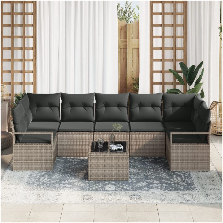 8-delat trädgårdssoffet med kuddar i grå poly rattan vidaXL Standard – bild 3