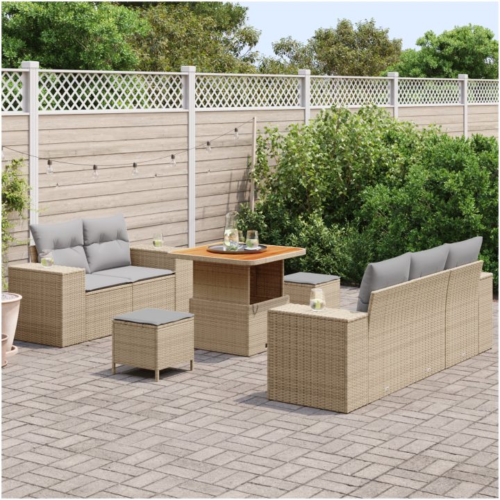 8-delat trädgårdssoffset med kuddar Beige Poly Rattan Akacia vidaXL Stor – bild 3