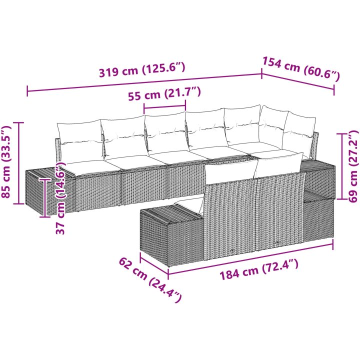8-delat trädgårdssoffset med kuddar Beige Poly Rattan vidaXL 184 x 62 x 85 cm – bild 8